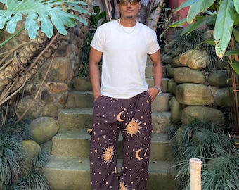 Hippiebroek met zon- en maanprint: Unisex katoenen festivalbroek