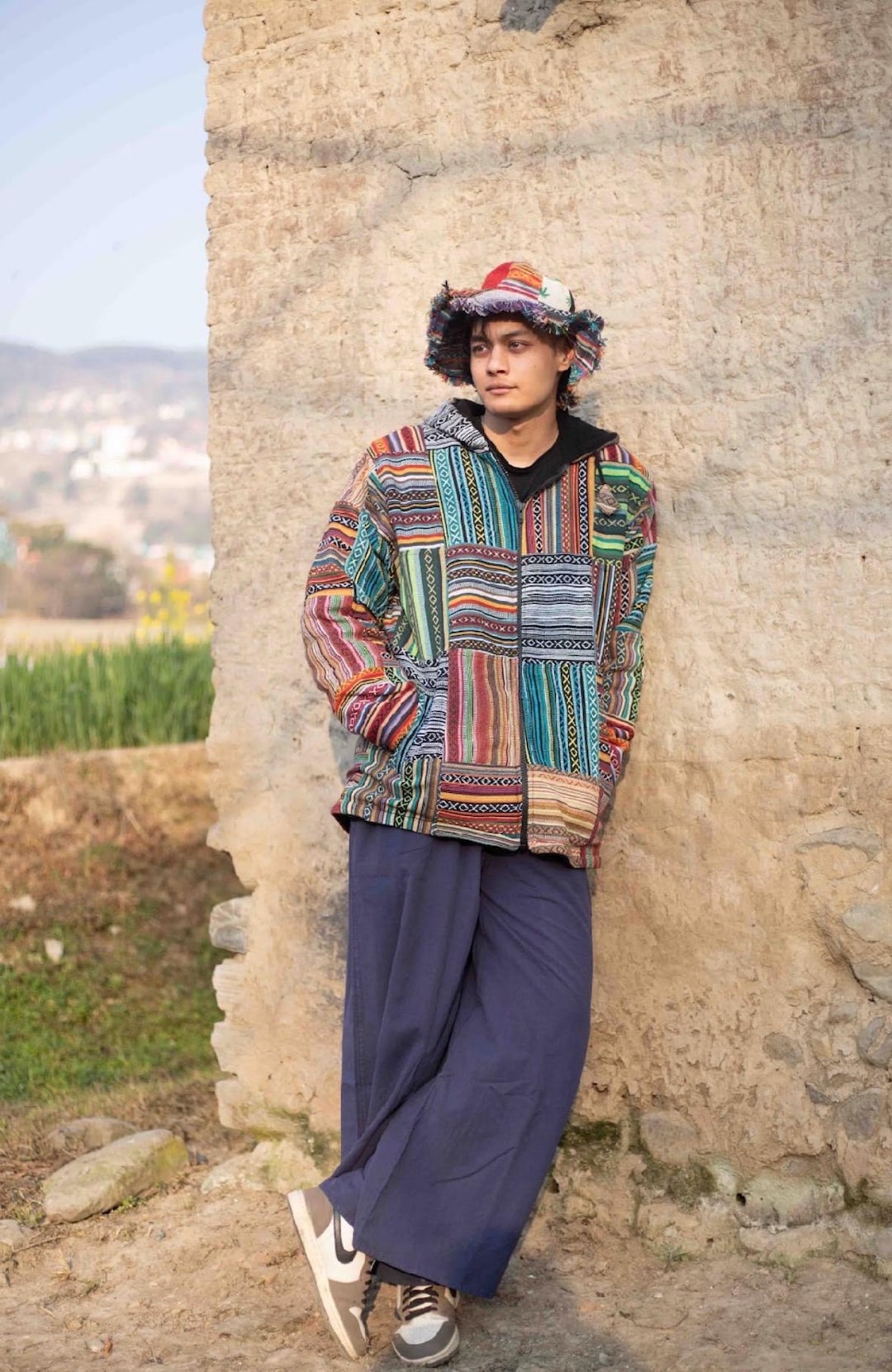 Mens Patchwork Fleece Lined Winter Jacket Boho Hippy Zipped Tops