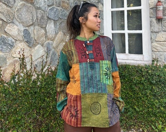 Fair Trade Men's Nepal Hippy Patchwork Hooded Shirt – 100% Cotton, Button Neck, Pouch Pocket (Trippy Design) - View #5