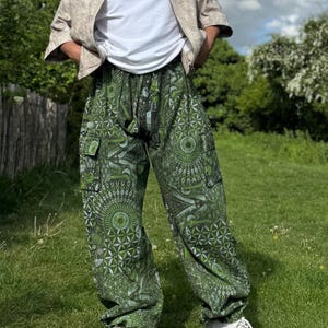 Psychedelic Geometric Cargo Pants: Fair Trade Festival Trousers Green