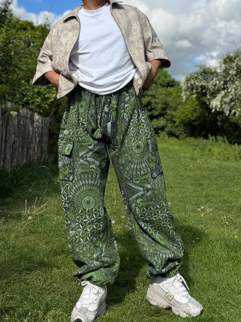 Psychedelic Geometric Cargo Pants: Fair Trade Festival Trousers Green