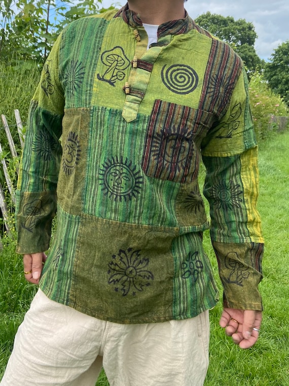 Handmade Cotton Patchwork Shirt: Nepali Blockprint Stonewash