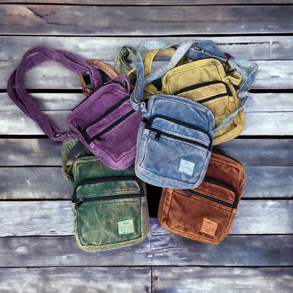 Handmade Cotton Crossbody Bag with Adjustable Strap and Three Zip Compartments