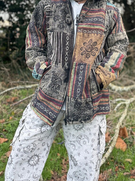 Unisex Winter Hippie Jacket Patchwork Patched Jacket With Inside