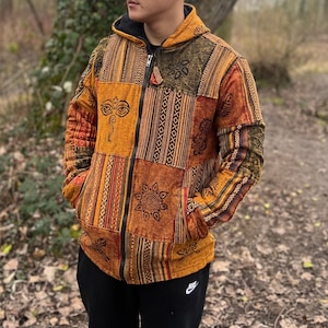 Veste hippie hiver unisexe Patchwork Veste à patchs avec intérieur en polaire Veste de festival Respectueux de l'environnement Bohème Sweat à capuche zippé Orange