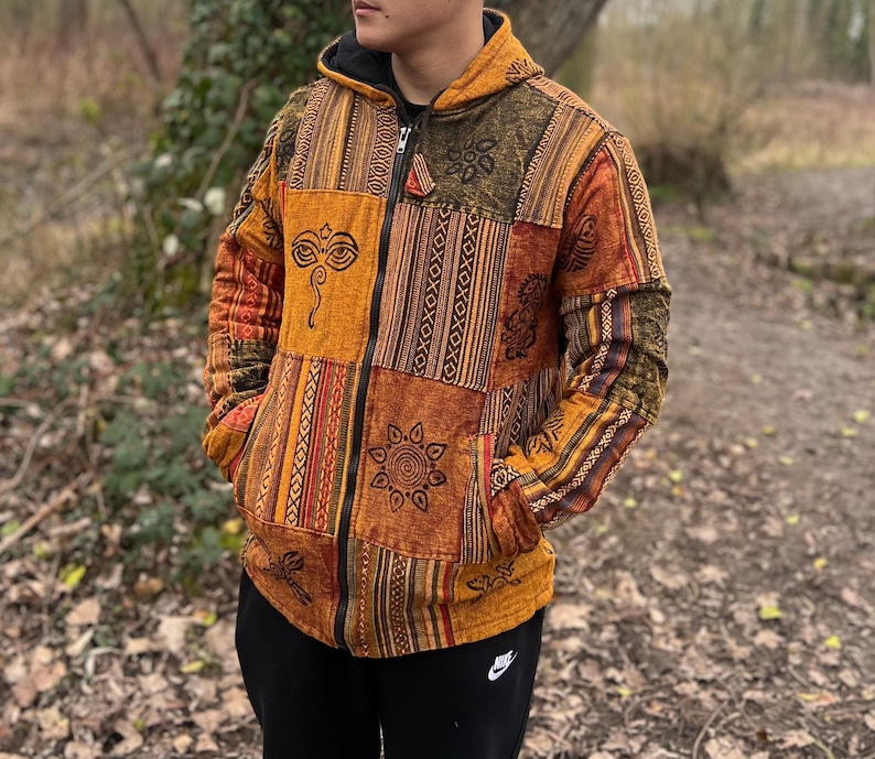 Veste hippie hiver unisexe Patchwork Veste à patchs avec intérieur en polaire Veste de festival Respectueux de l'environnement Bohème Sweat à capuche zippé Orange