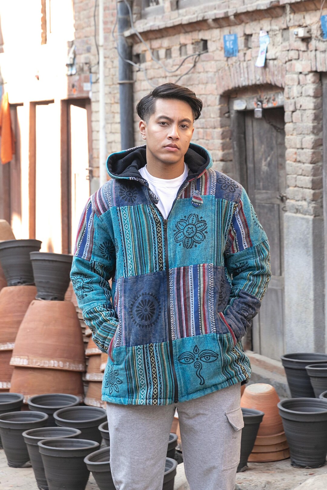 Mens Patchwork Fleece Lined Winter Jacket Boho Hippy Zipped