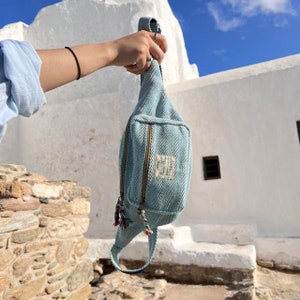 Sac banane Sac banane en chanvre et coton Bandoulière réglable Respectueux de l'environnement Hippie Sac de festival Fait main Sky Blue