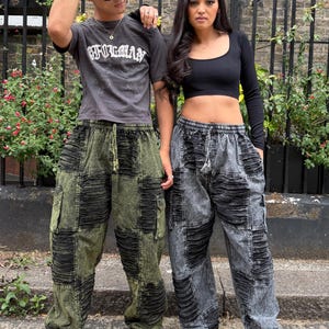 Stonewashed Patchwork Cargo Trousers | Wide Leg Festival Pants, Gothic Grunge Style