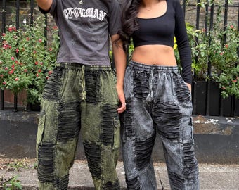 Stonewashed Patchwork Cargo Trousers | Wide Leg Festival Pants, Gothic Grunge Style