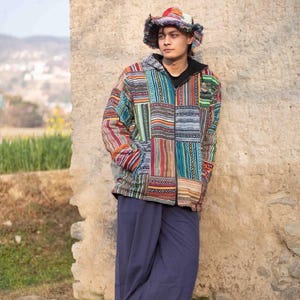 Mens Patchwork Fleece Lined Winter Jacket Boho Hippy Zipped Tops coat
