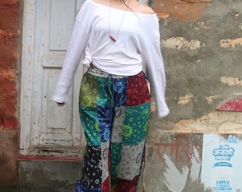 Pantalones hippies de patchwork: estampado de sol, luna y setas - Algodón ecológico