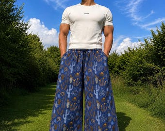 Cactus Print Wide Leg Palazzo Pants | Boho Festival Trousers | Unisex Cotton Flowy Summer Pants
