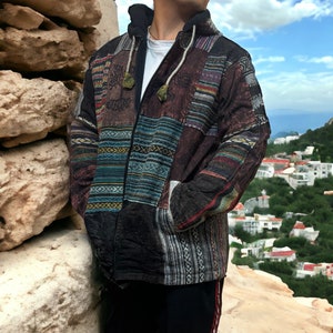 Unisex Winter Hippie Jacket Patchwork Patched Jacket With Inside Fleece Festival Jacket Eco Friendly Boho Zipped Hoodie Dark Mix