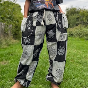 Boho Patchwork Trousers – Black & Grey Hippie Pants | Unisex Fit | Festival Drawstring Joggers | Handmade in Nepal