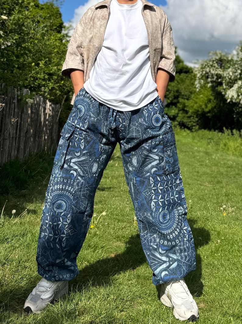 Psychedelic Geometric Cargo Pants: Fair Trade Festival Trousers Blue