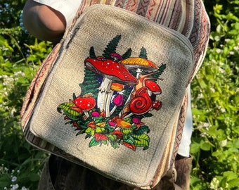 Handmade Mushroom Print Backpack: Hemp & Cotton Boho Rucksack