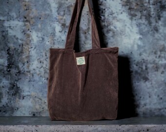 Bolso tote de pana Zero Waste en marrón chocolate con bolsillo interior con cremallera - Ropa sostenible hecha en Nepal