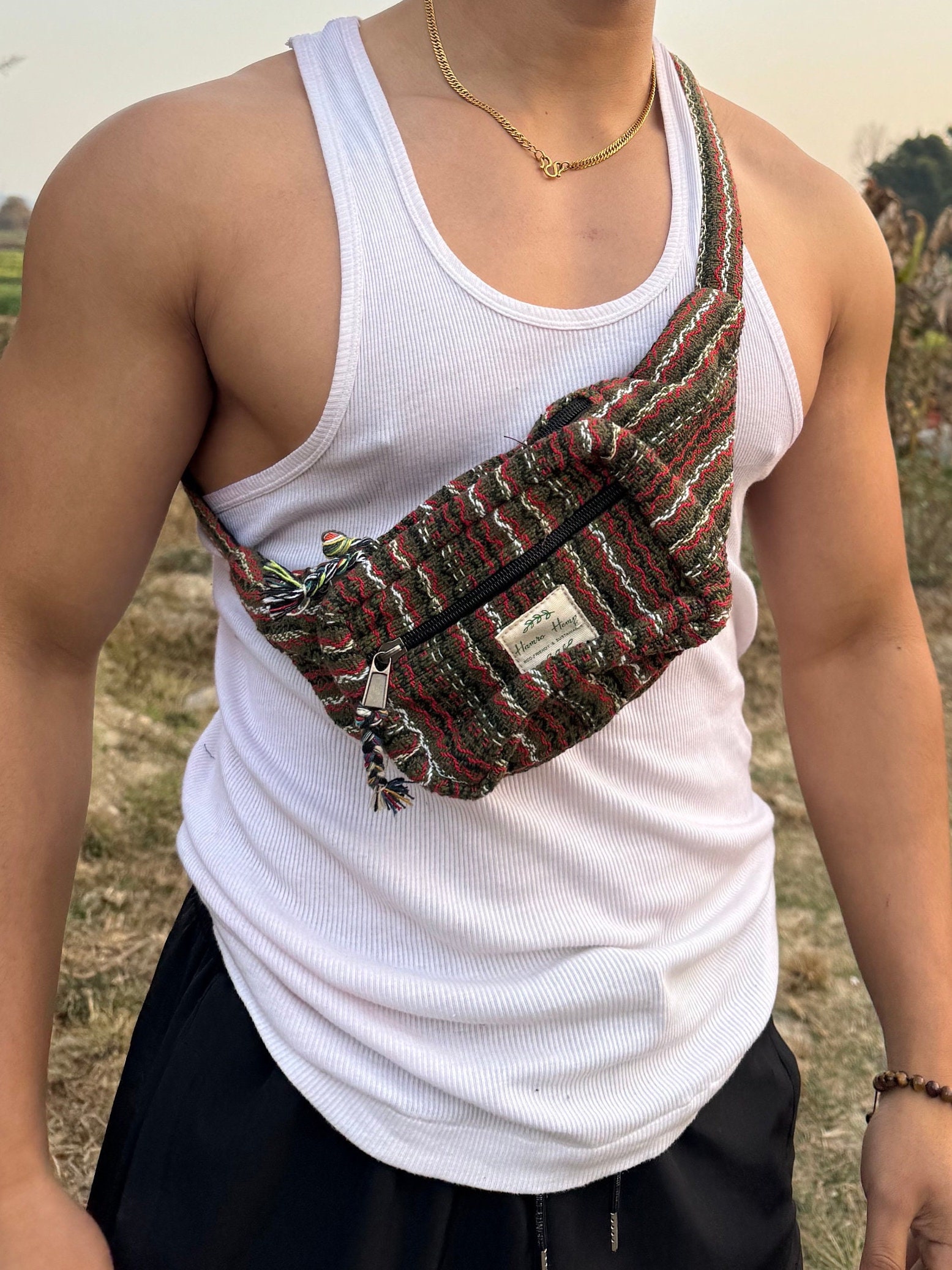 Handwoven Cotton Bum Bag: Eco-Friendly Hippie Festival Bag