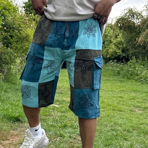 Handmade Patchwork Cotton Cargo Shorts: Hippie Bohemian Style