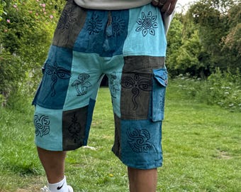 Handmade Patchwork Cotton Cargo Shorts: Hippie Bohemian Style