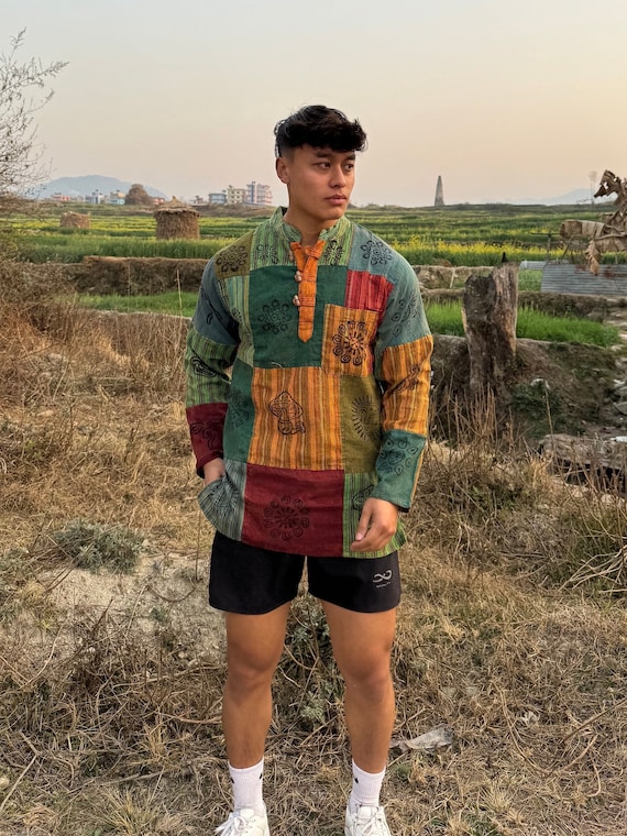 Handmade Cotton Patchwork Shirt: Nepali Blockprint Overdye