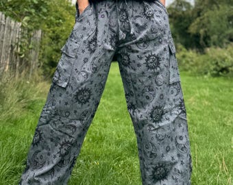 Unisex Sun & Moon Print Cotton Hippie Pants: Festival Yoga Trousers