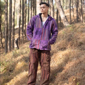 Veste hippie hiver unisexe Patchwork Veste à patchs avec intérieur en polaire Veste de festival Respectueux de l'environnement Bohème Sweat à capuche zippé Purple