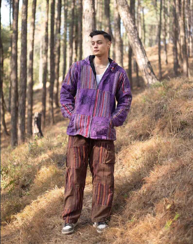 Veste hippie hiver unisexe Patchwork Veste à patchs avec intérieur en polaire Veste de festival Respectueux de l'environnement Bohème Sweat à capuche zippé Purple