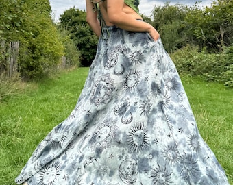 Hippie Boho Tie-Dye Maxi Skirt with Celestial Sun & Moon Print – Handmade Stone-Washed Festival Skirt