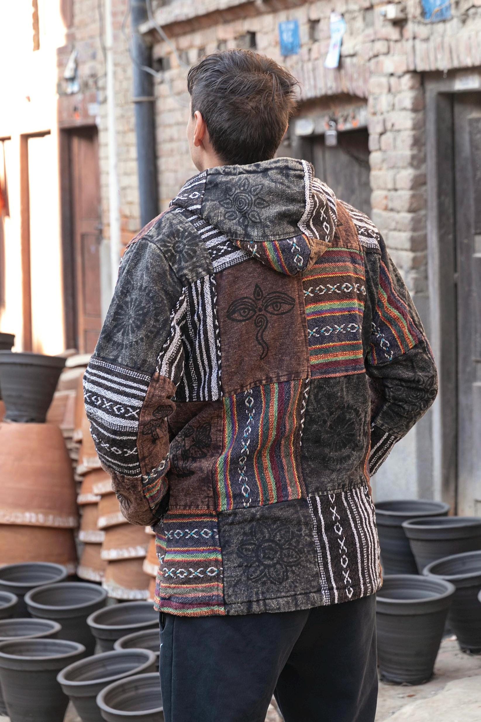 Mens Patchwork Fleece Lined Winter Jacket Boho Hippy Zipped Tops