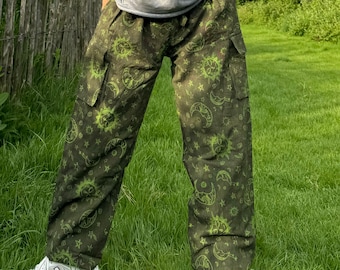 Unisex Sun & Moon Print Cotton Hippie Pants: Festival Yoga Trousers