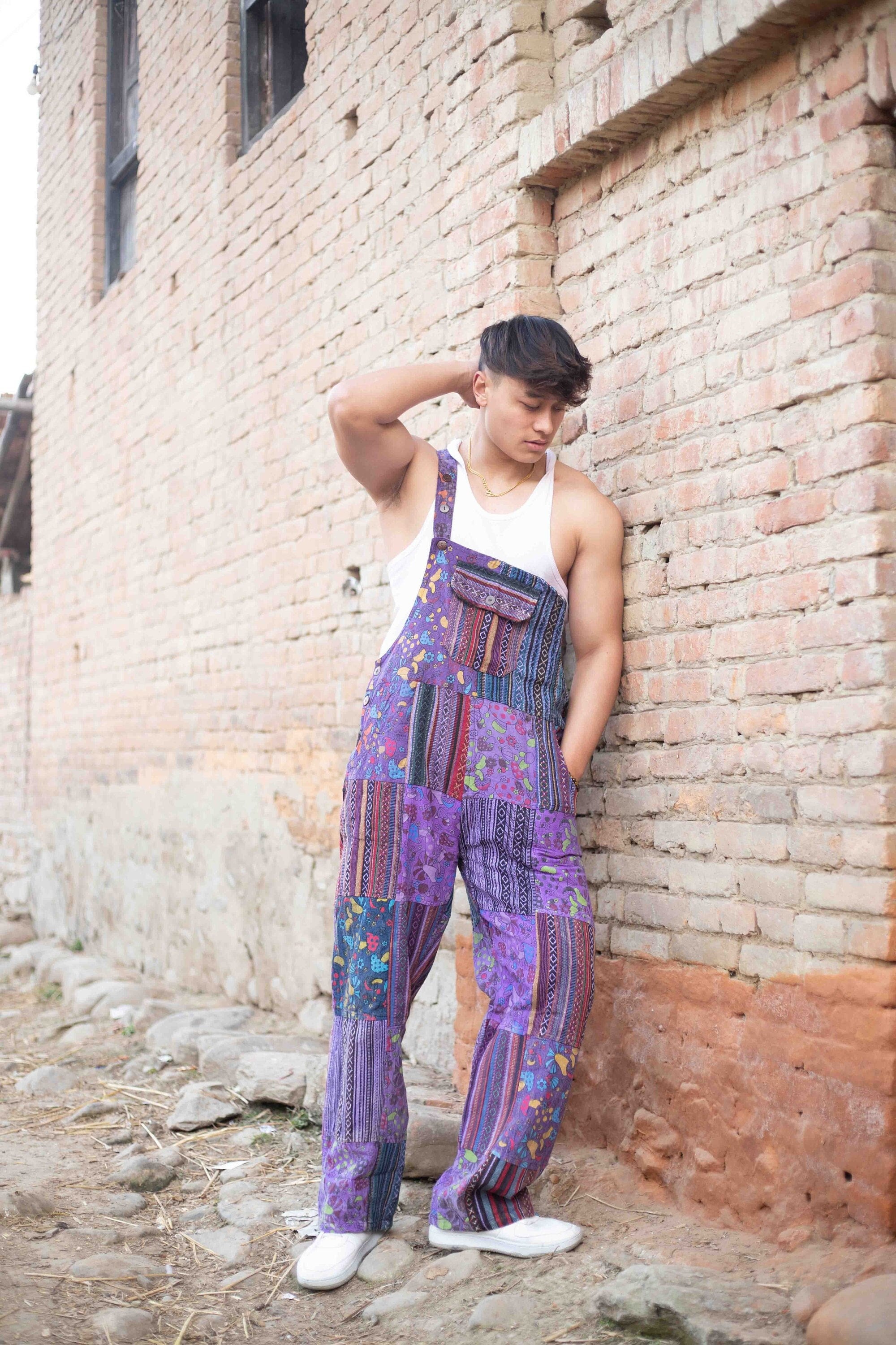 Unisex Hippie Patchwork Straight Leg Cotton Overalls