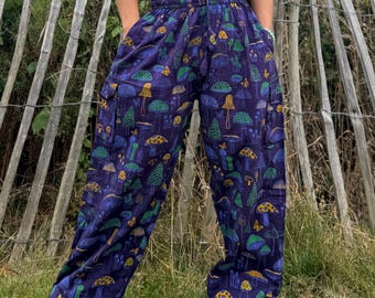 Pantalones hippies de algodón con estampado de hongos: pantalones de yoga unisex para festivales