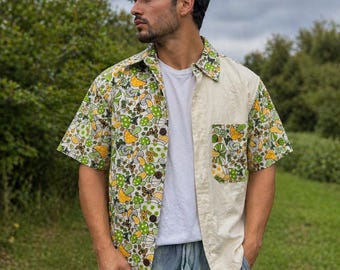 Handmade Mushroom Print Cotton Shirt: Hippie Unisex Button-Up, Coconut Buttons