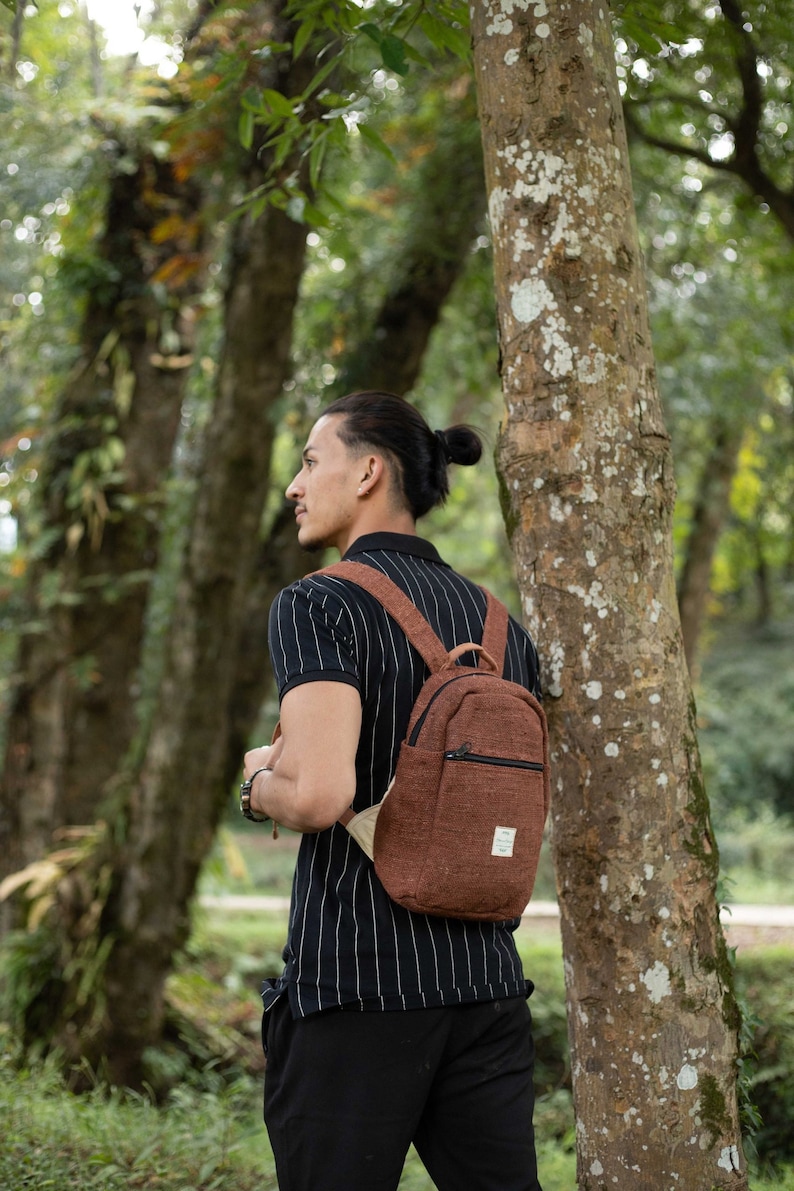 Stylish and Sustainable Handmade Mini Hemp Backpack Small Size with Multiple Zip Pockets Eco-Friendly and Colorful Daily Companion Brown