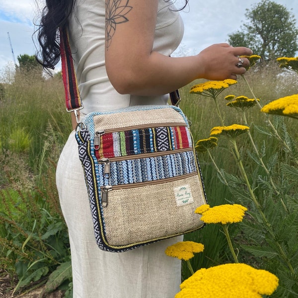 Boho Hemp Mini Bag - 5 Pocket Boho Crossbody Purse - Handmade and Eco-Friendly - For Festivals and Daily Use - Gifts for her - Shoulder bag