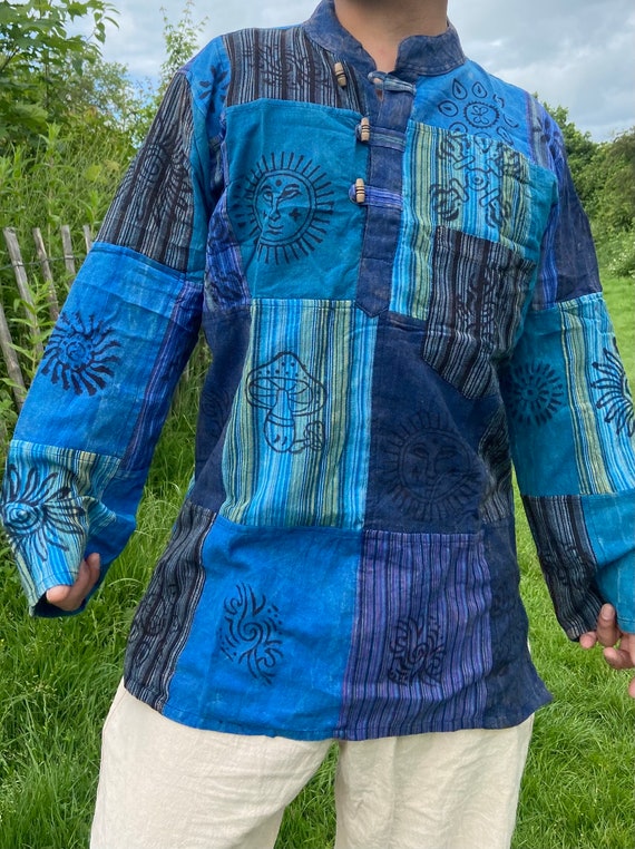 Handmade Cotton Patchwork Shirt: Nepali Blockprint Stonewash Design