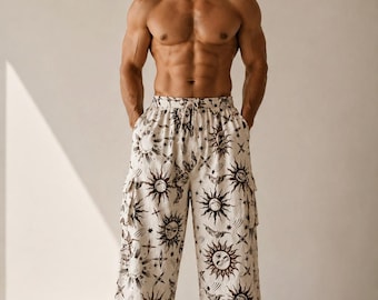Unisex Celestial Print Cotton Cargo Pants | Boho Sun Moon Lounge Trousers