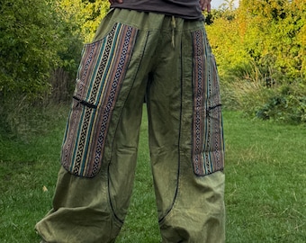 Pantalones cargo de patchwork nepalí tejidos a mano, pantalones bohemios de algodón lavado a la piedra.