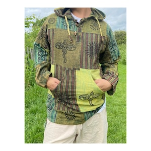 Cotton Hoodie Shirt | patched | Multicoloured Blockprint Overdye Patchwork Stonewash Nepali Shirt | festival shirt | Hippie| Eco friendly