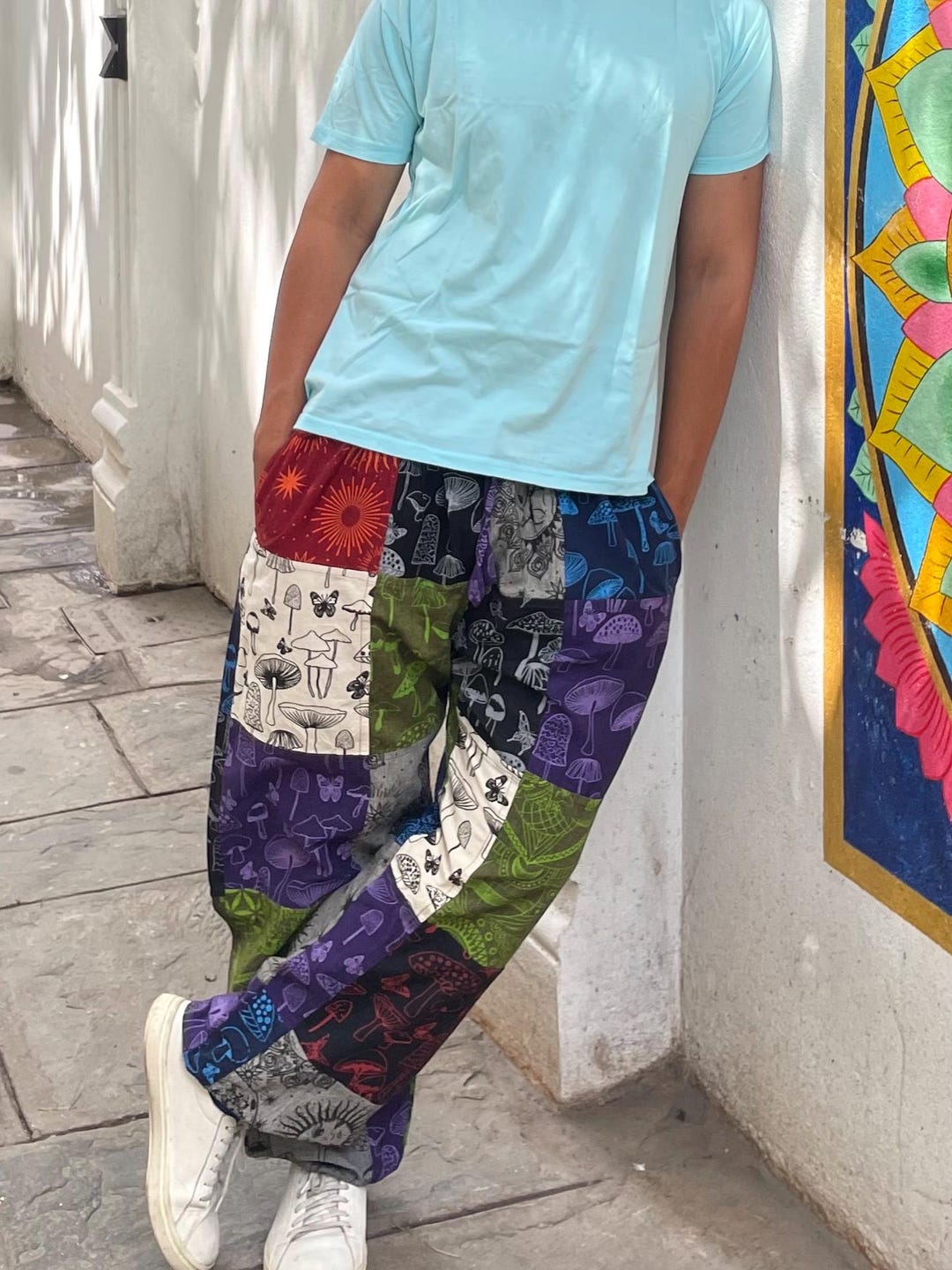 Hippie Patchwork Pants| Sun Moon Print Trouser| Mushroom