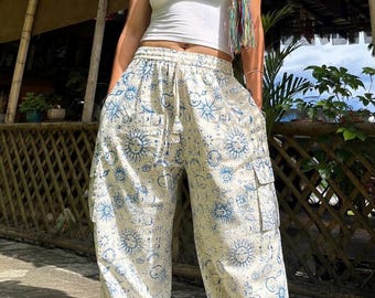 Celestial Sun and Moon Baggy Cargo Trousers: One Size, Elasticated Cuffs