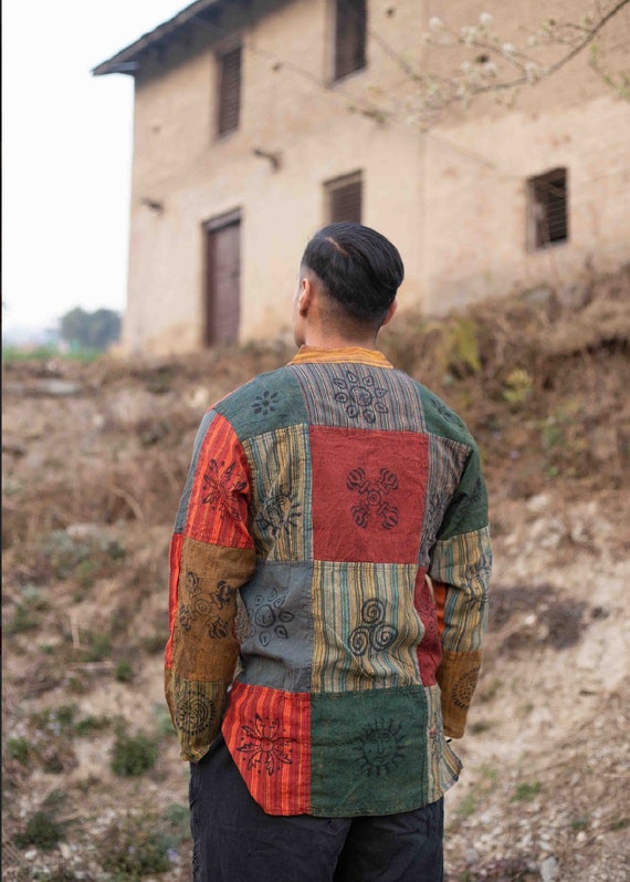 Handmade Cotton Patchwork Shirt: Nepali Blockprint Overdye