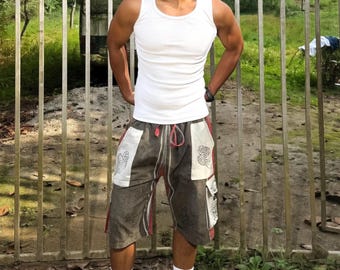 Boho Festival Cargo Shorts, Mushroom Sun Print Jorts, Baggy Fit, Elasticated Waist (100% Cotton)