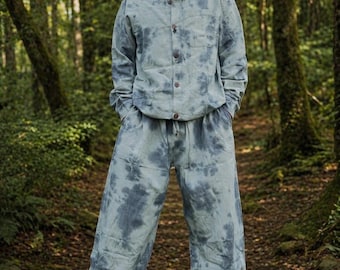 Completo coordinato unisex tie-dye / Completo camicia e pantaloni in cotone fatto a mano / Outfit boho per festival / Abbigliamento hippie dalla vestibilità ampia / Abbigliamento per il tempo libero ecologico