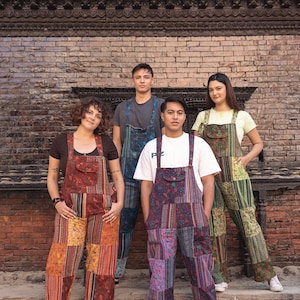 Men&#39;s Women&#39;s Hippie Patchwork Straight Leg Cotton Overalls, Festival Jumper Cotton Dungarees One Size | S, M, L, XL | 3 Adjutable Lengths