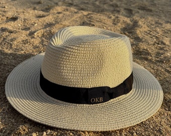 Monogrammed Straw Fedora Hat: Personalized Beach Sun Hat