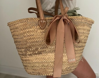 Double Handle Straw Basket Bag. Bridal Hen Holiday Honeymoon Wedding Bridesmaid Bride Beach Summer Monogrammed Initial Bag Tote.