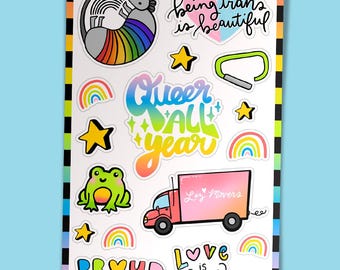 Queer All Year LGBTQIA2S+ Pride Vinyl Sticker Sheet for Water Bottles, Laptops, Cars, Crafting